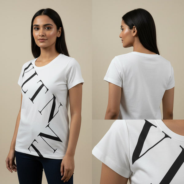 White t-shirt with black text worn by a model, shown from front, back, and side views.