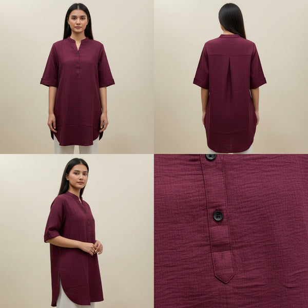 Maroon dress shown from front, back, and fabric detail on a beige background