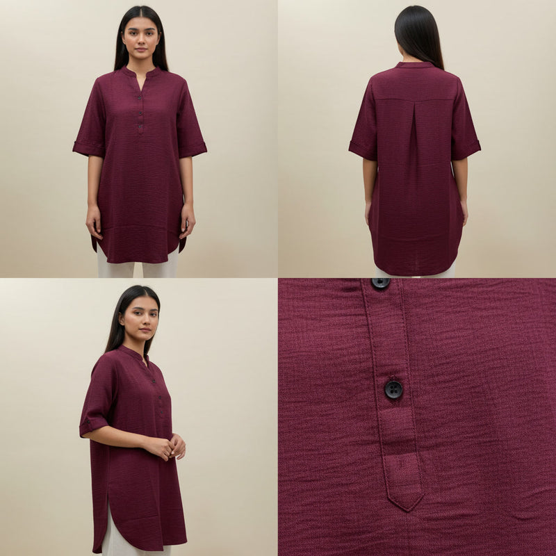 Maroon dress shown from front, back, and fabric detail on a beige background