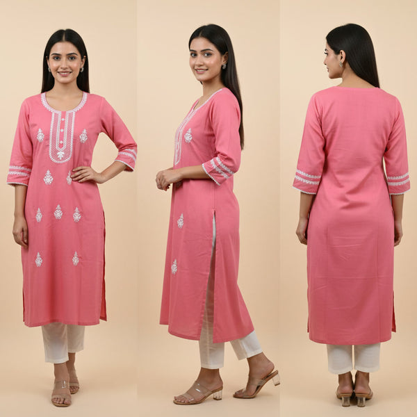 Pink kurta with white embroidery worn by a model on a beige background