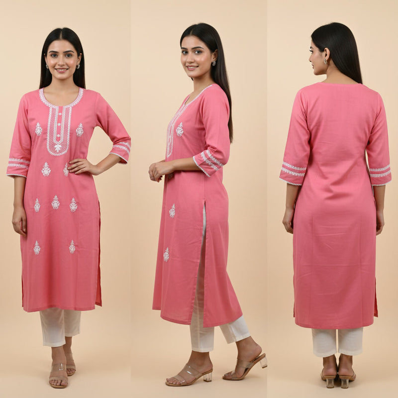 Pink kurta with white embroidery worn by a model on a beige background