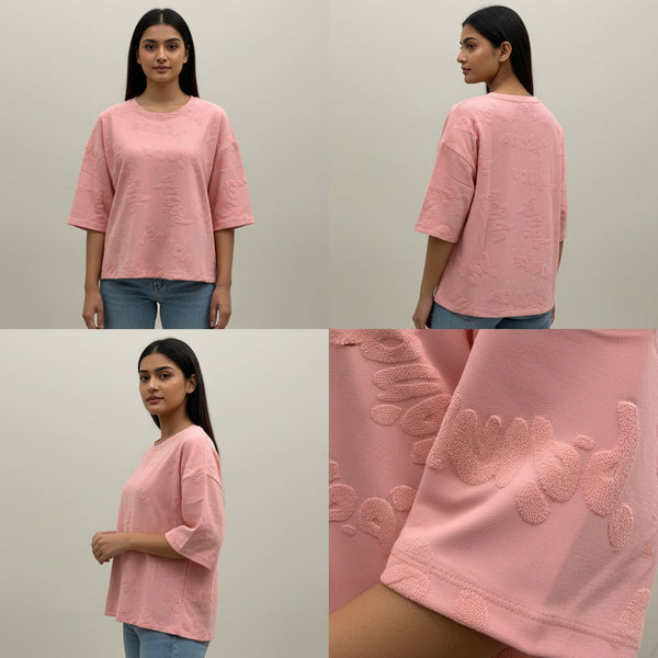 Pink sweater with floral embroidery worn by a person, shown from front, back, and close-up views.