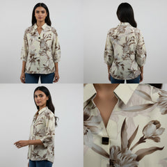 Floral patterned shirt shown from front, back, and side views with a close-up of the fabric texture.