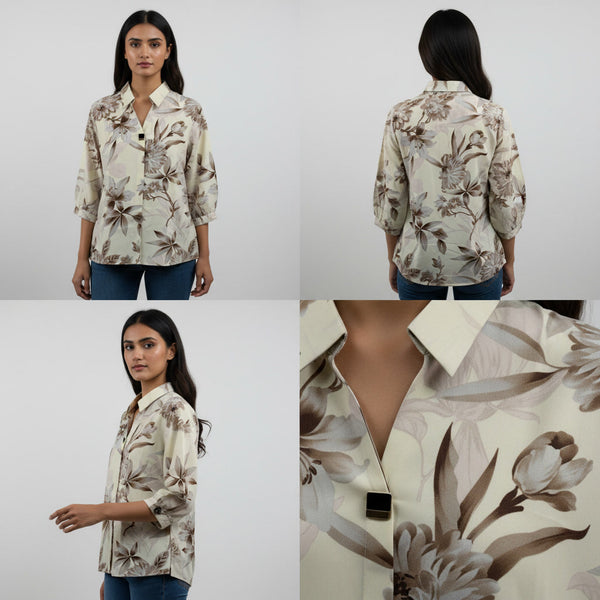 Floral patterned shirt shown from front, back, and side views with a close-up of the fabric texture.