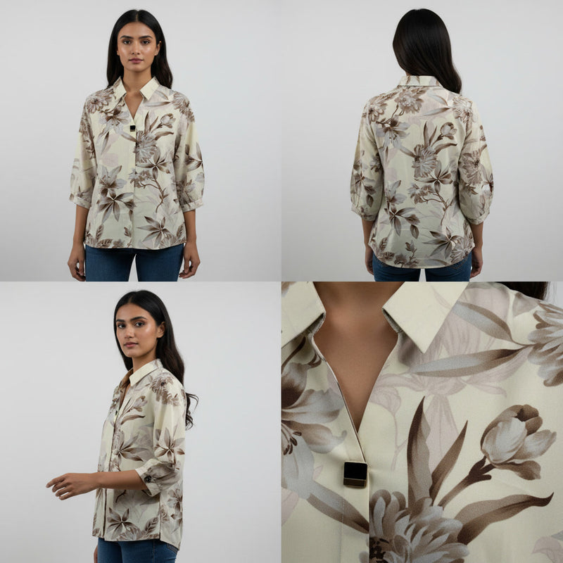 Floral patterned shirt shown from front, back, and side views with a close-up of the fabric texture.