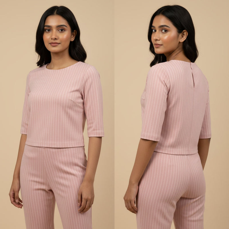 Woman wearing a pink ribbed outfit from front and back views on a beige background
