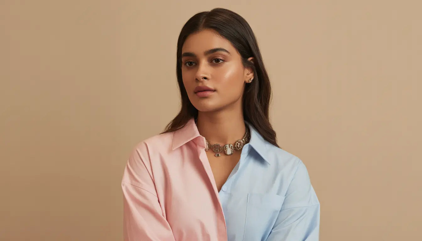  Young Indian woman wearing a pastel pink or powder blue stylish shirt, posing confidently against a soft beige background with minimal makeup and elegant fashion accessories, creating a clean and premium eCommerce banner look.