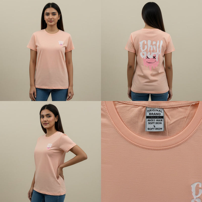 Pink t-shirt with text and graphics worn by a model, shown from front, back, and close-up on beige background.