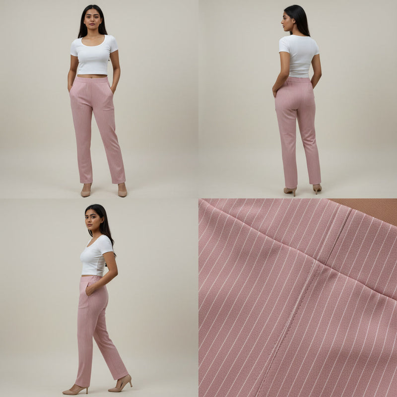 Woman wearing pink pants with a close-up of the fabric texture on a beige background