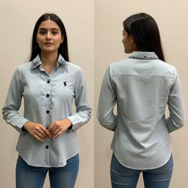 Woman wearing a light gray button-up shirt with a collar design, front and back views against a beige background.
