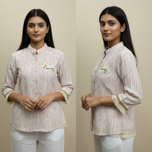 Two identical images of a woman wearing a striped shirt with a visible brand logo on a beige background.