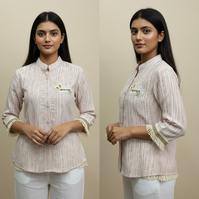 Two identical images of a woman wearing a striped shirt with a visible brand logo on a beige background.