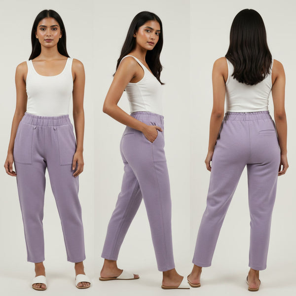 Woman modeling a white top and lavender pants from front, side, and back views on a white background.
