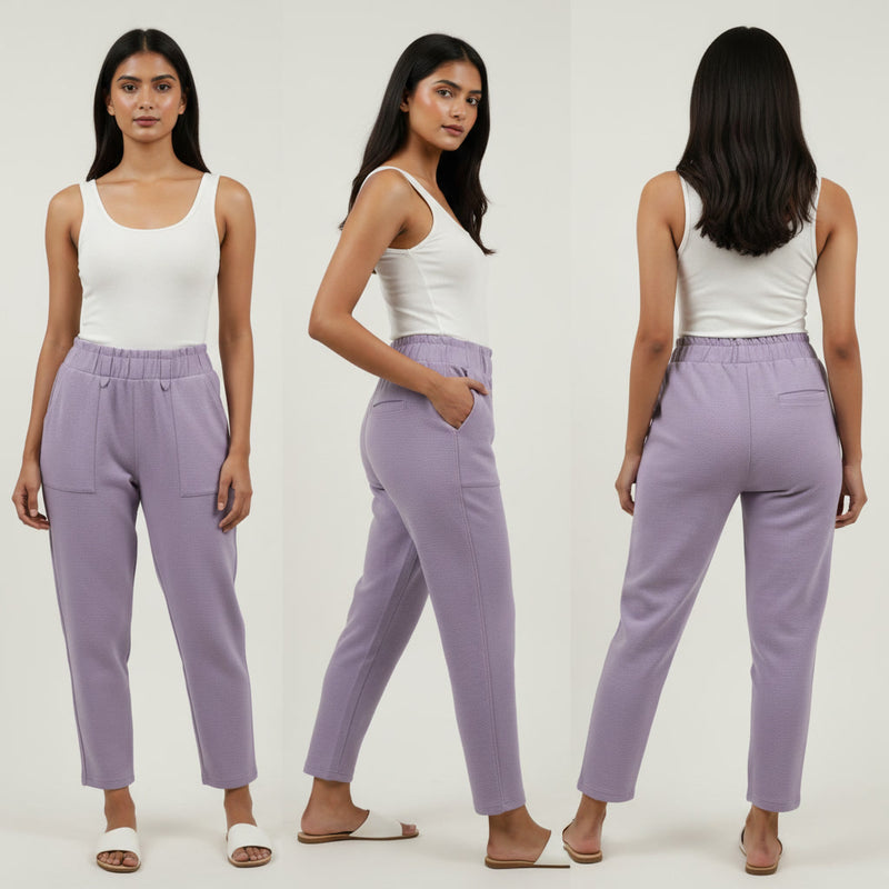 Woman modeling a white top and lavender pants from front, side, and back views on a white background.