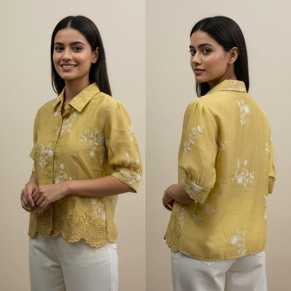Woman wearing a yellow floral blouse with white pants, shown from front and back on a beige background.
